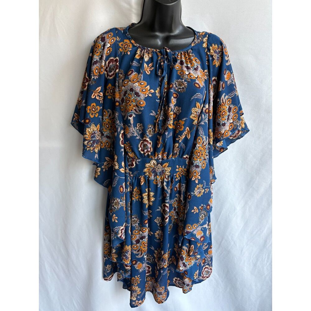 Kindom Batwing Sleeve Blue Tunic Dress Floral Size S Gypsy Boho Ethnic Beachy